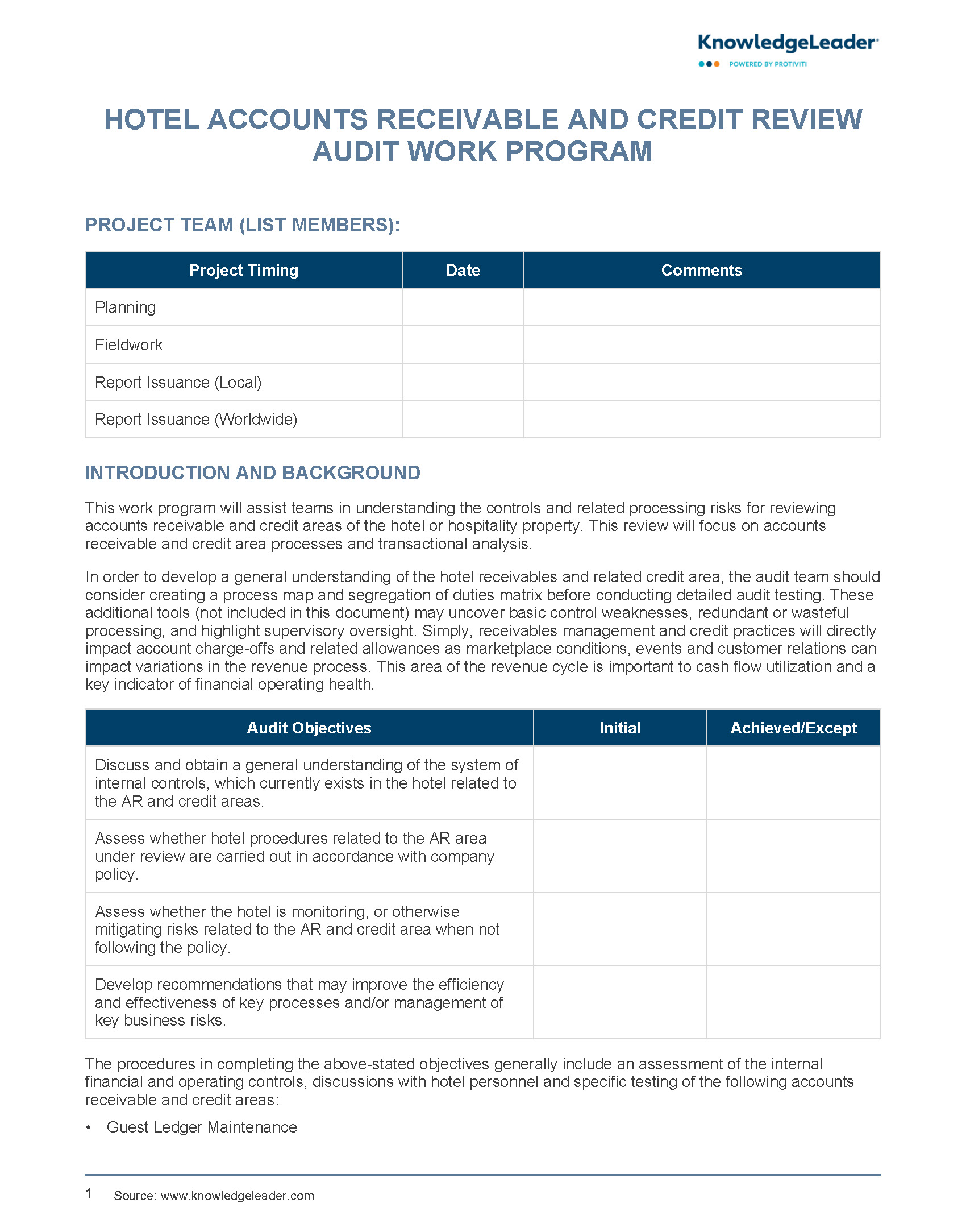 Hotel Accounts Receivable and Credit Review Audit Work Program